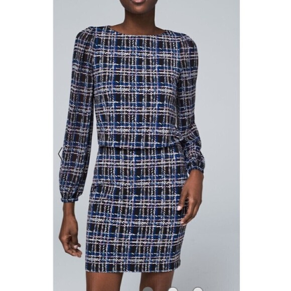 NWT White House Black Market Long Sleeve Blouson Dress Amble Plaid Black Small - Picture 2 of 15